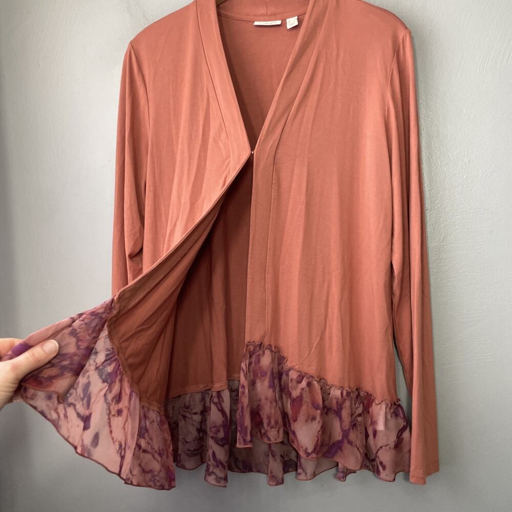 LOGO Lori Goldstein Layering Cardigan Size Medium Brick Boho Ruffled Lagenlook - Picture 3 of 12